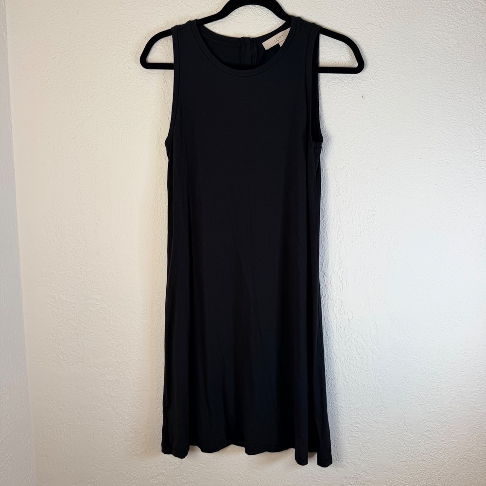 Loft Womens S Black Sleeveless Swing Dress Round Neck Button Back Minimalist